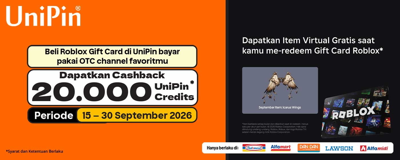 Top Up Roblox Gift Card di UniPin! Dapatkan Cashback 20.000 UC Bayar di Indomaret, Alfamart, Alfamidi, Dan+Dan & Lawson!